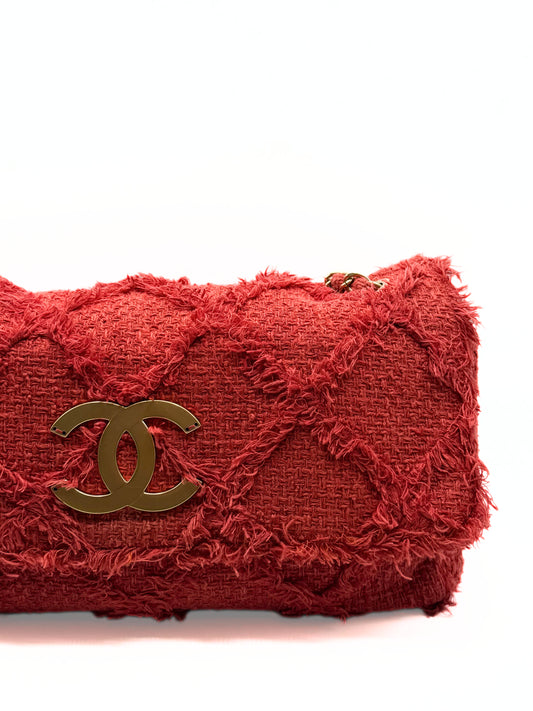 CHANEL | Red Diamond Stitch Tweed Maxi "Nature Flap" Bag