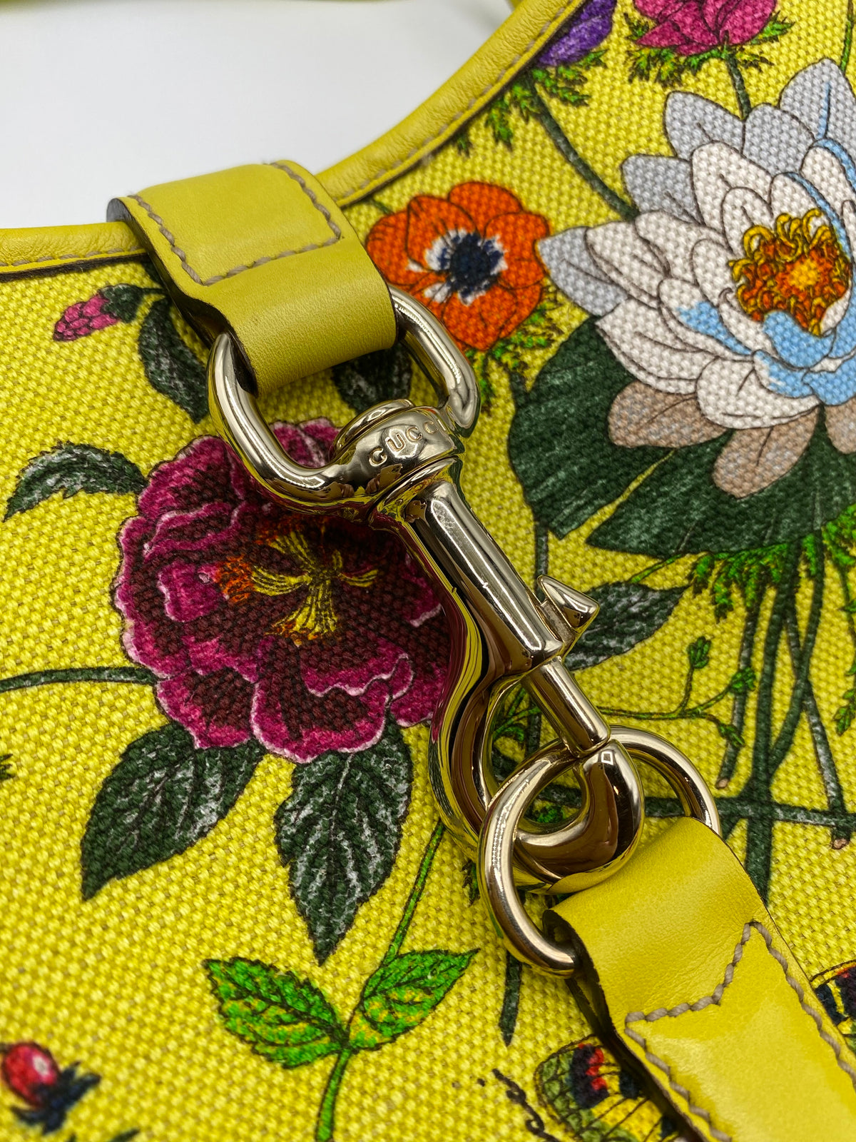 GUCCI  | Yellow Jackie O Bouvier Botanical Floral Canvas Hobo Bag