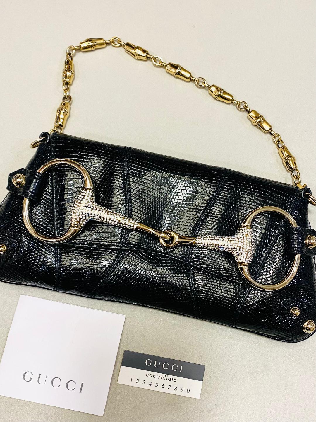 GUCCI HORSEBIT | Exotic Black Lizard Skin with Crystals Clutch Bag