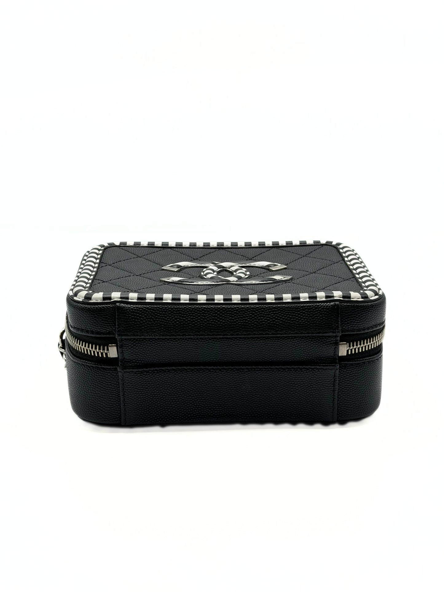 CHANEL | CC Filigree Vanity Case Small Black Quilted Caviar with Black & White Stripes