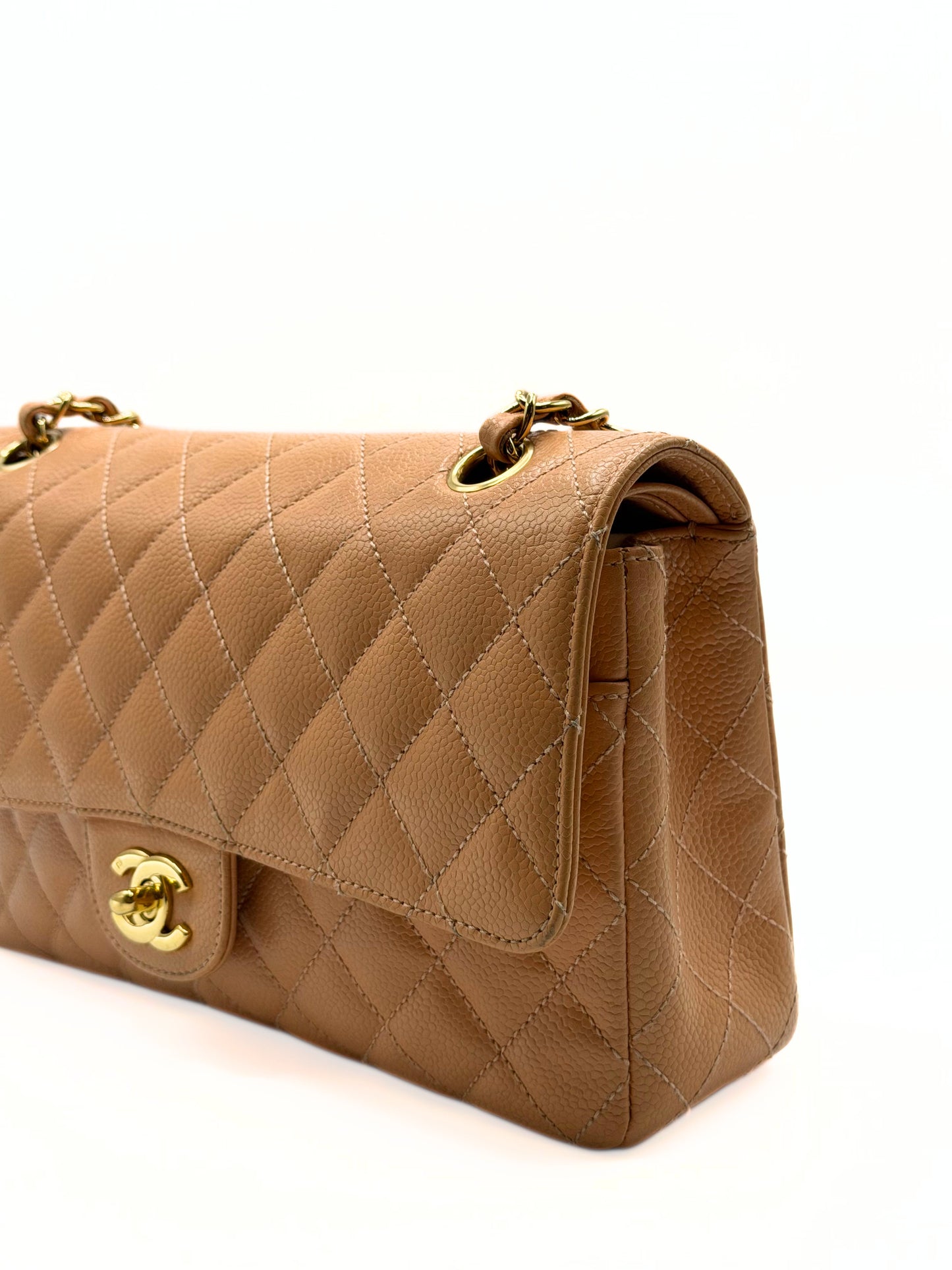 CHANEL | Vintage Classic Medium Double Flap Bag  Peach Caviar Leather