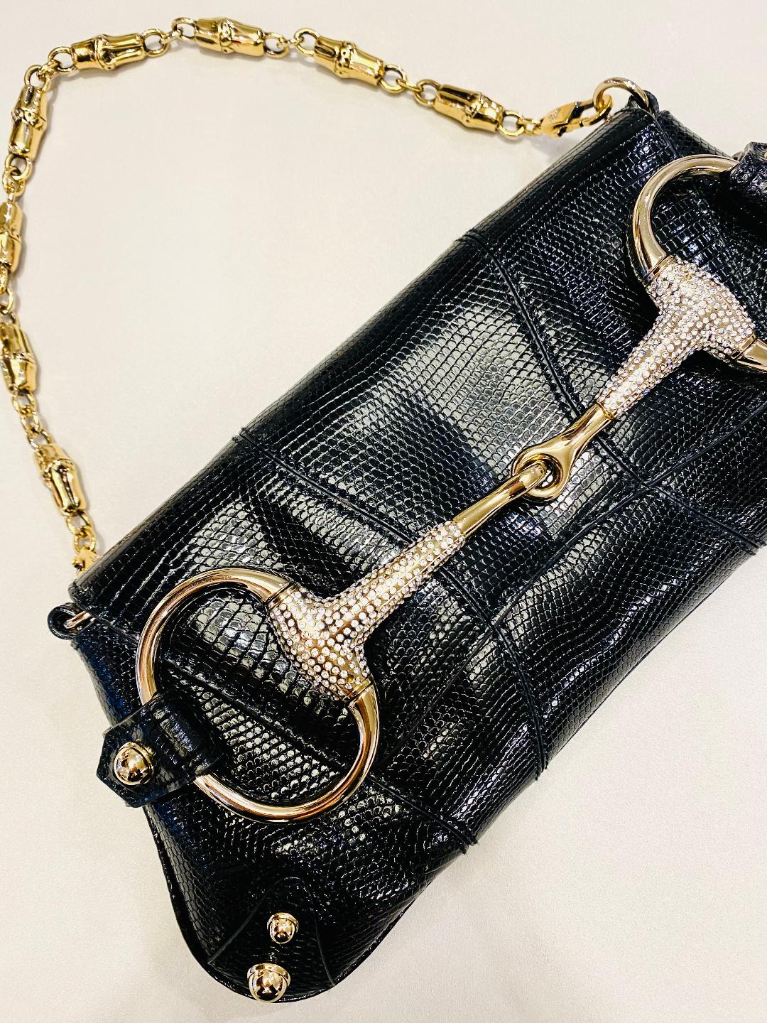 GUCCI HORSEBIT | Exotic Black Lizard Skin with Crystals Clutch Bag