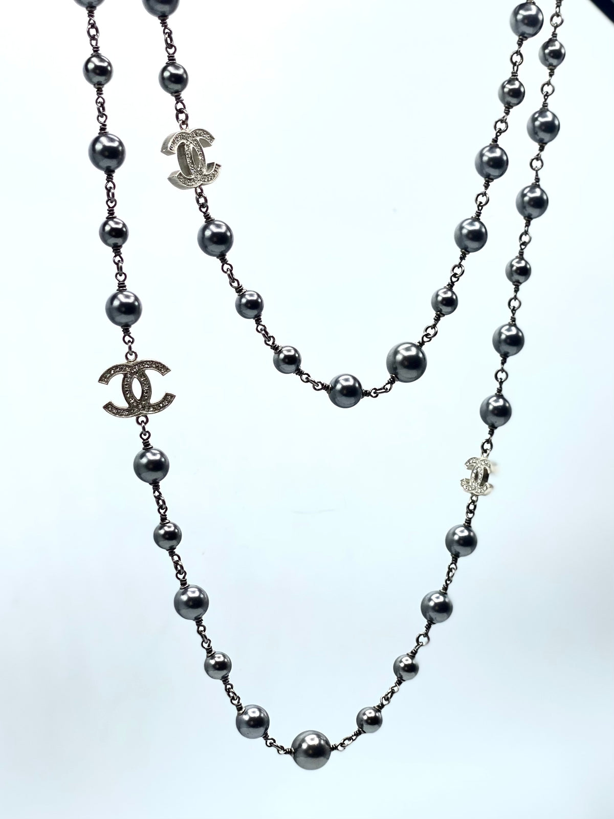 CHANEL | Pearl Crystal CC Long Necklace Silver Grey