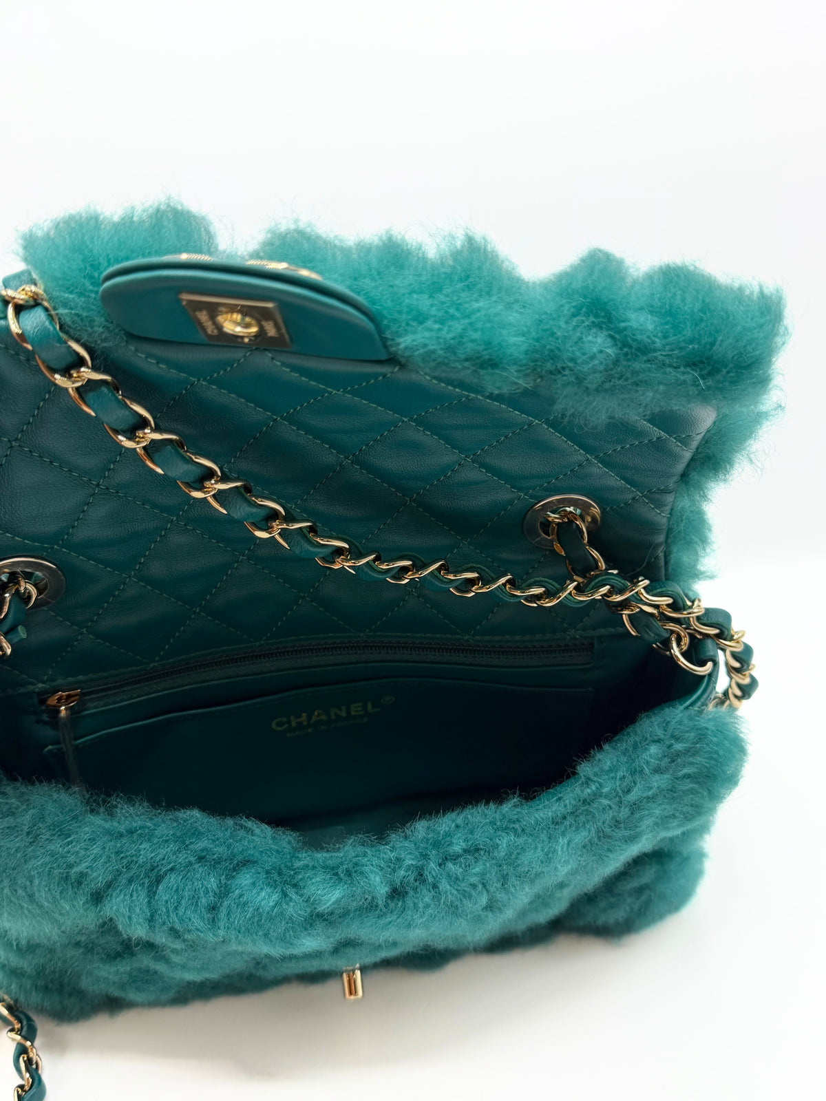 CHANEL | CHANEL SINGLE FLAP GREEN SHEARLING