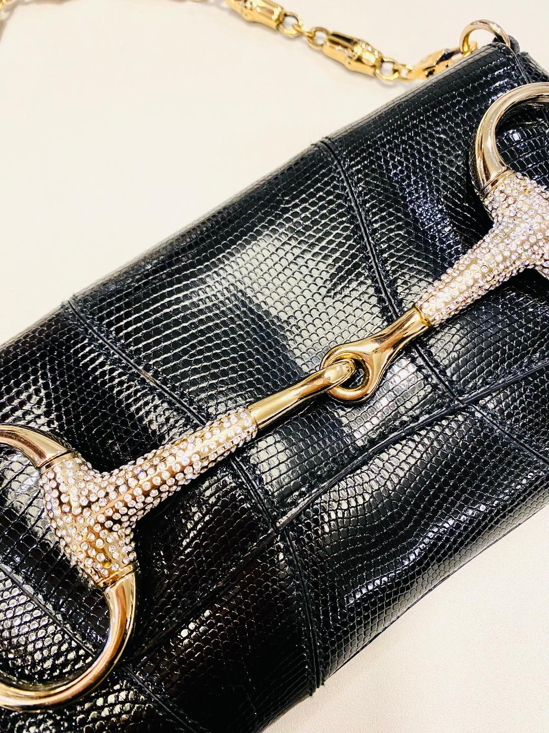 GUCCI HORSEBIT | Exotic Black Lizard Skin with Crystals Clutch Bag