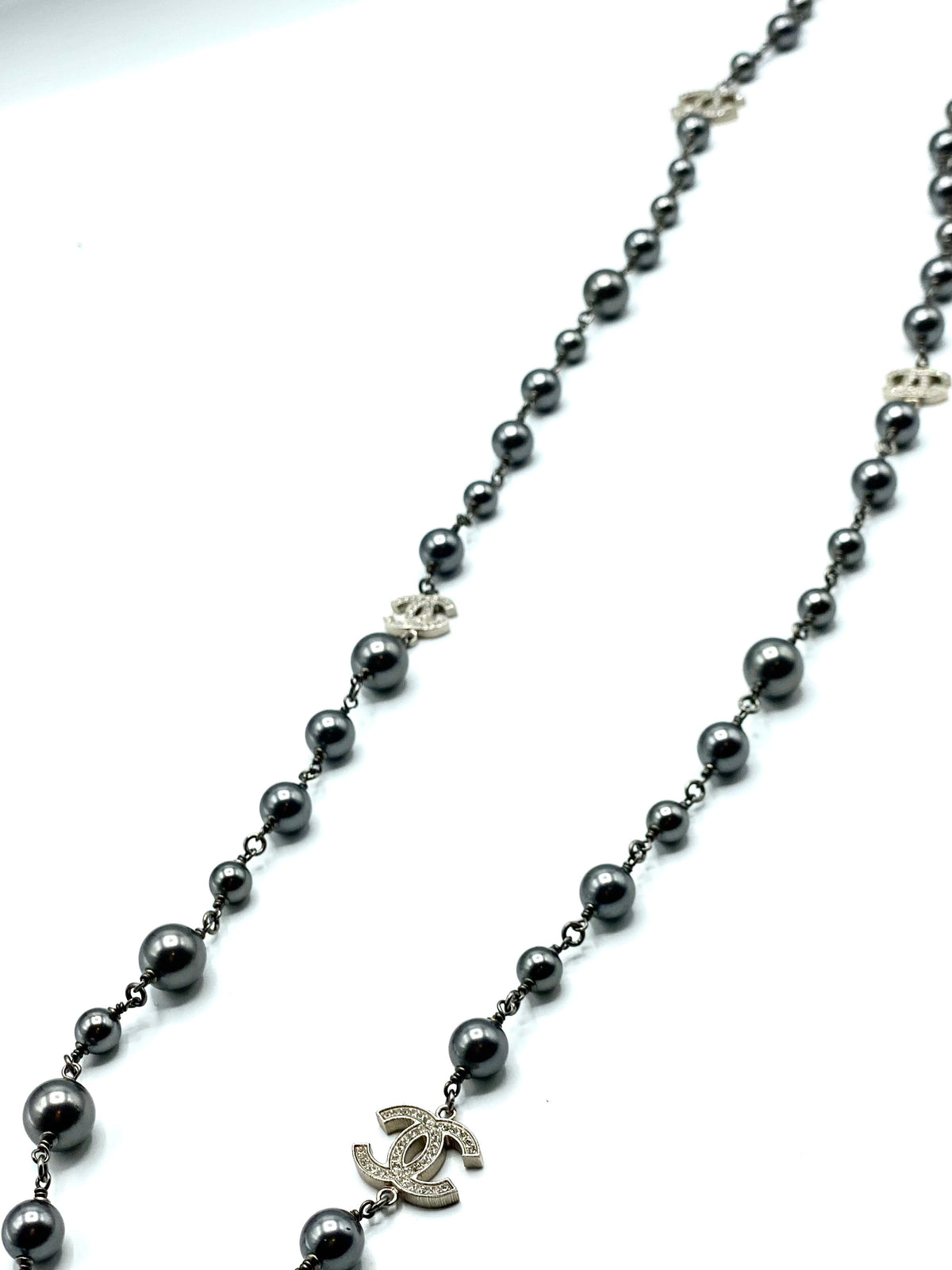 CHANEL | Pearl Crystal CC Long Necklace Silver Grey