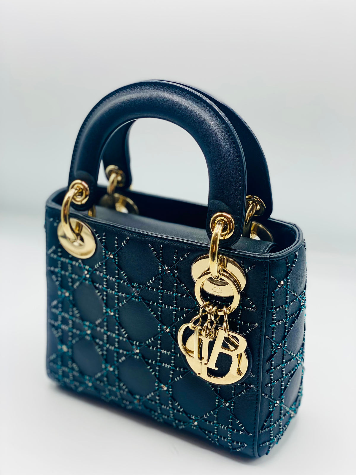 DIOR | Lady Dior Mini Bag  Black Cannage Leather with Beads & Rhinestones