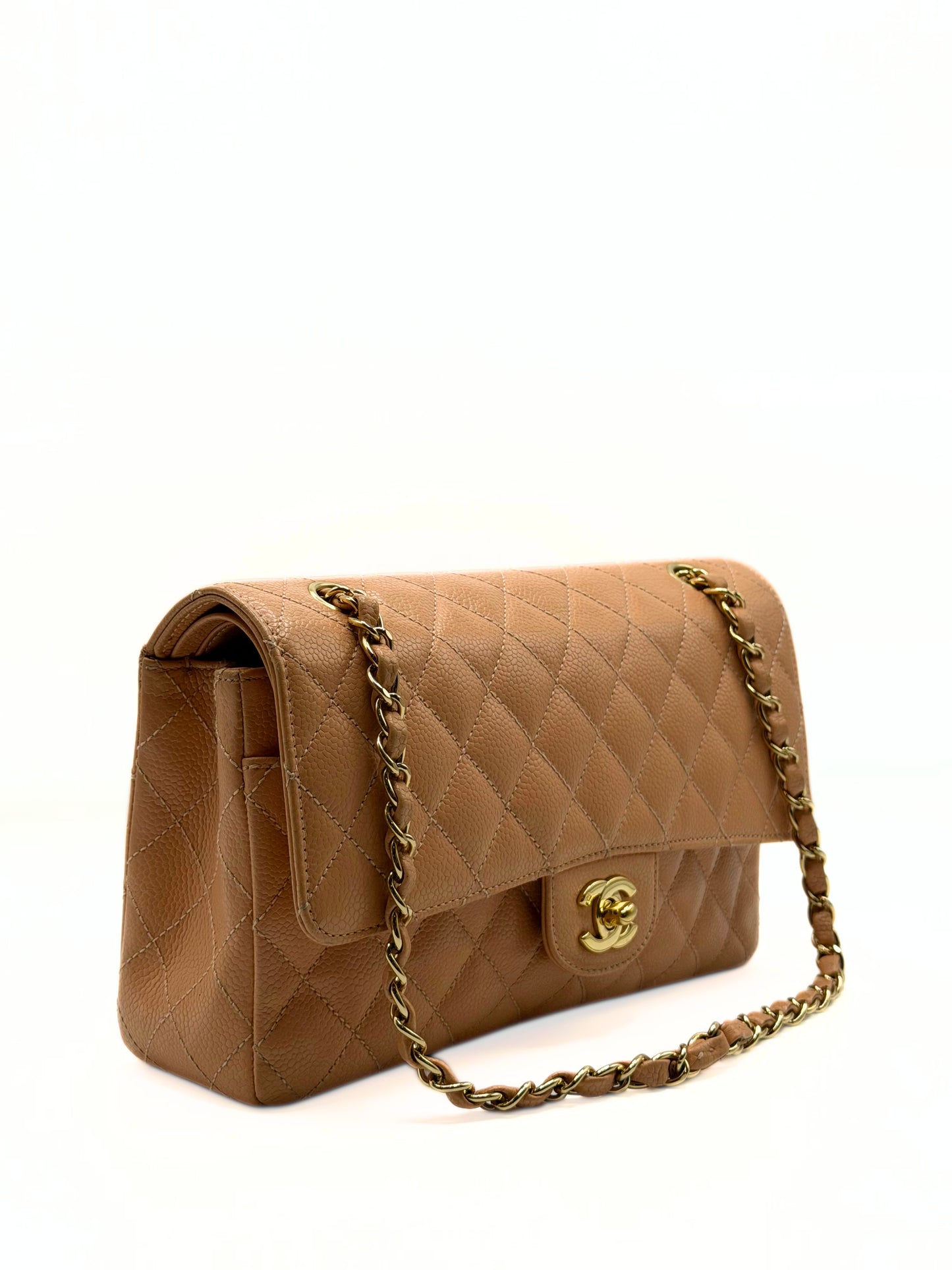 CHANEL | Vintage Classic Medium Double Flap Bag  Peach Caviar Leather