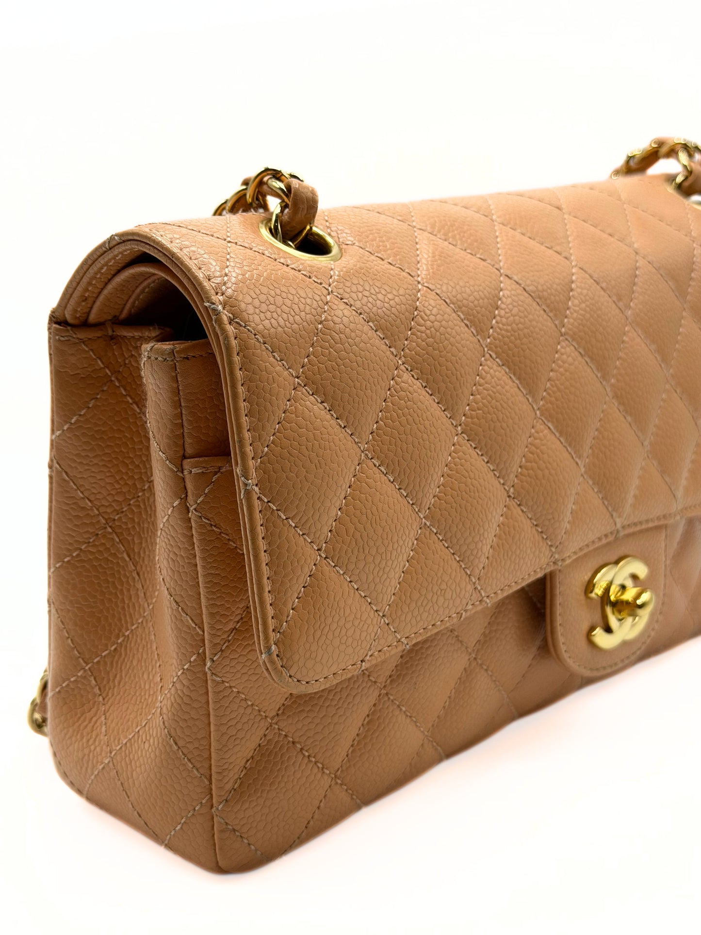 CHANEL | Vintage Classic Medium Double Flap Bag  Peach Caviar Leather