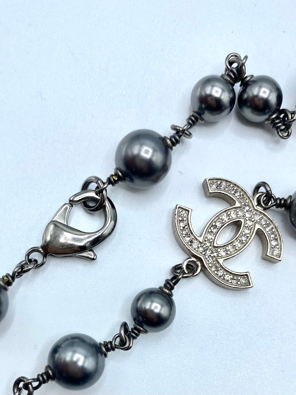 CHANEL | Pearl Crystal CC Long Necklace Silver Grey