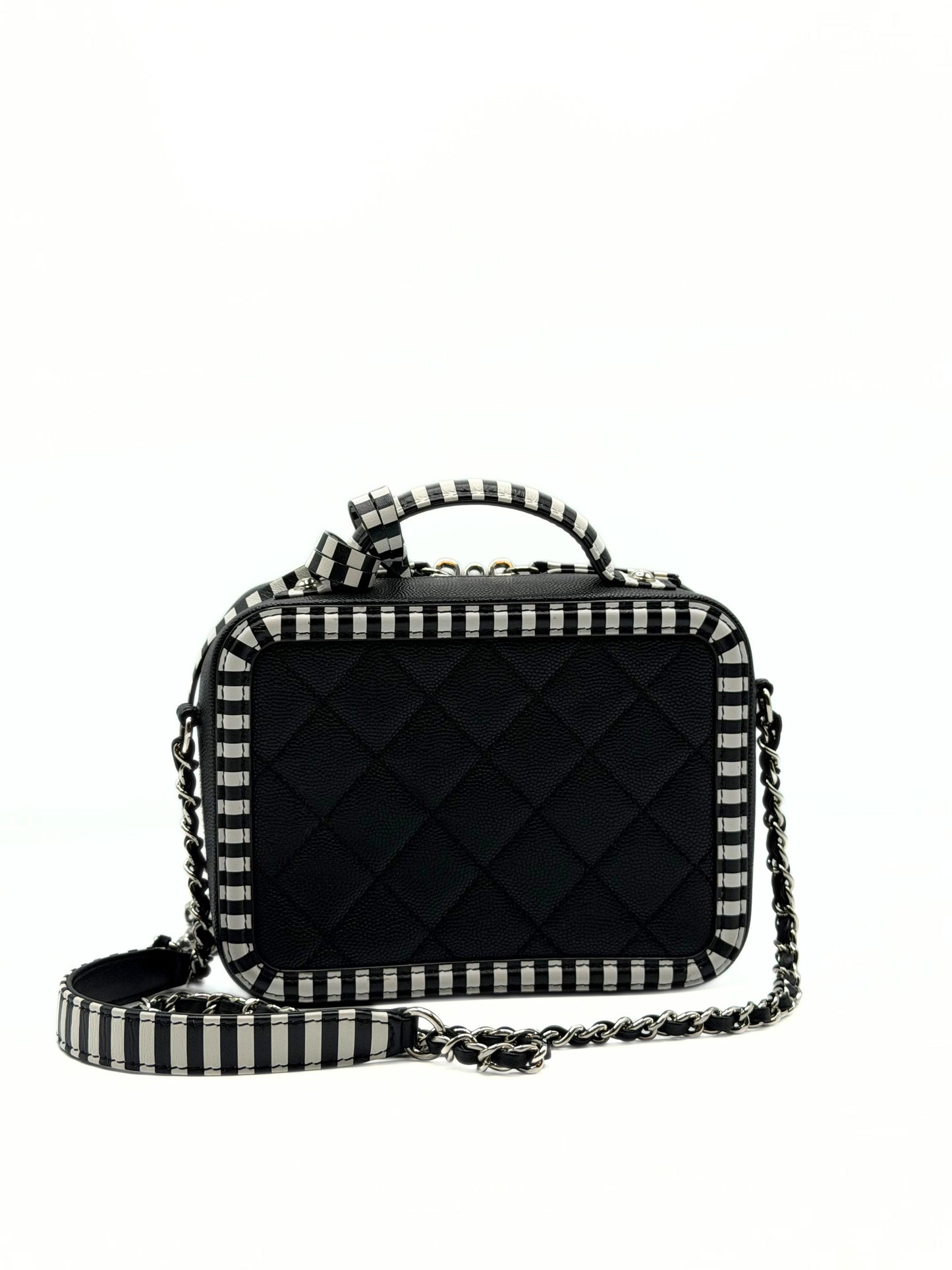 CHANEL | CC Filigree Vanity Case Small Black Quilted Caviar with Black & White Stripes