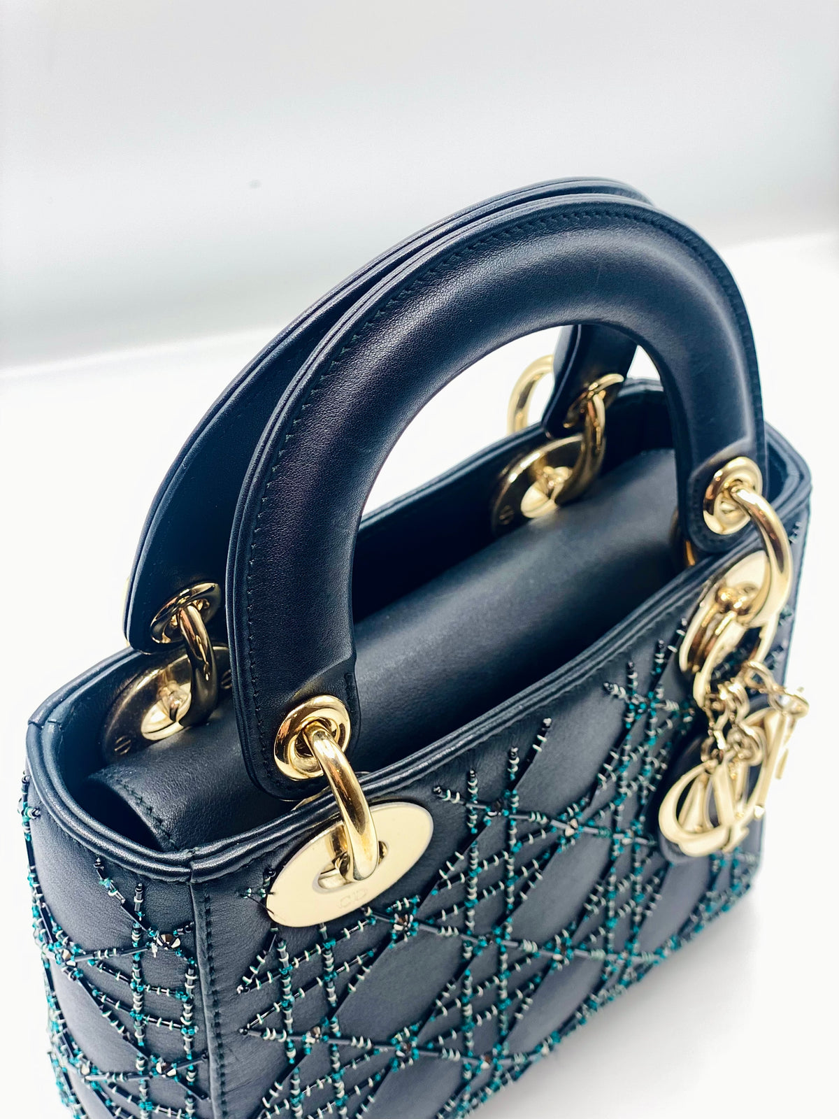 DIOR | Lady Dior Mini Bag  Black Cannage Leather with Beads & Rhinestones