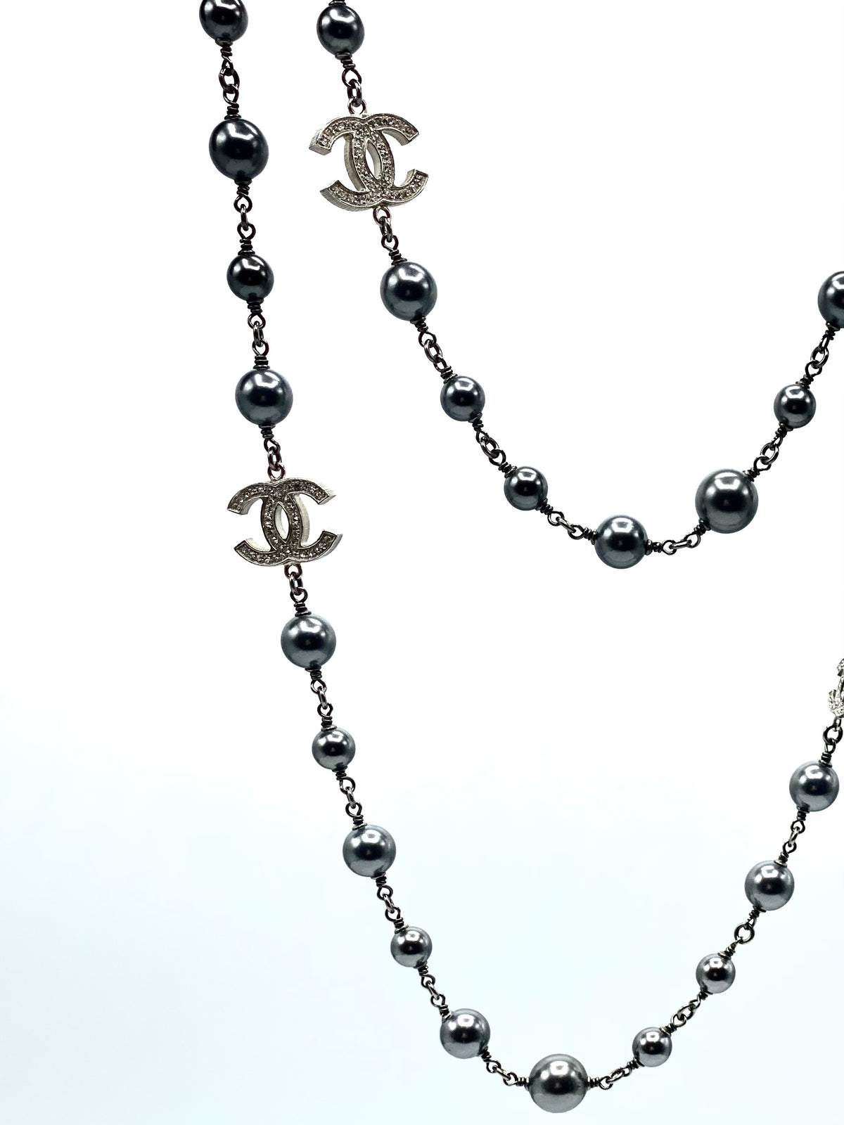 CHANEL | Pearl Crystal CC Long Necklace Silver Grey