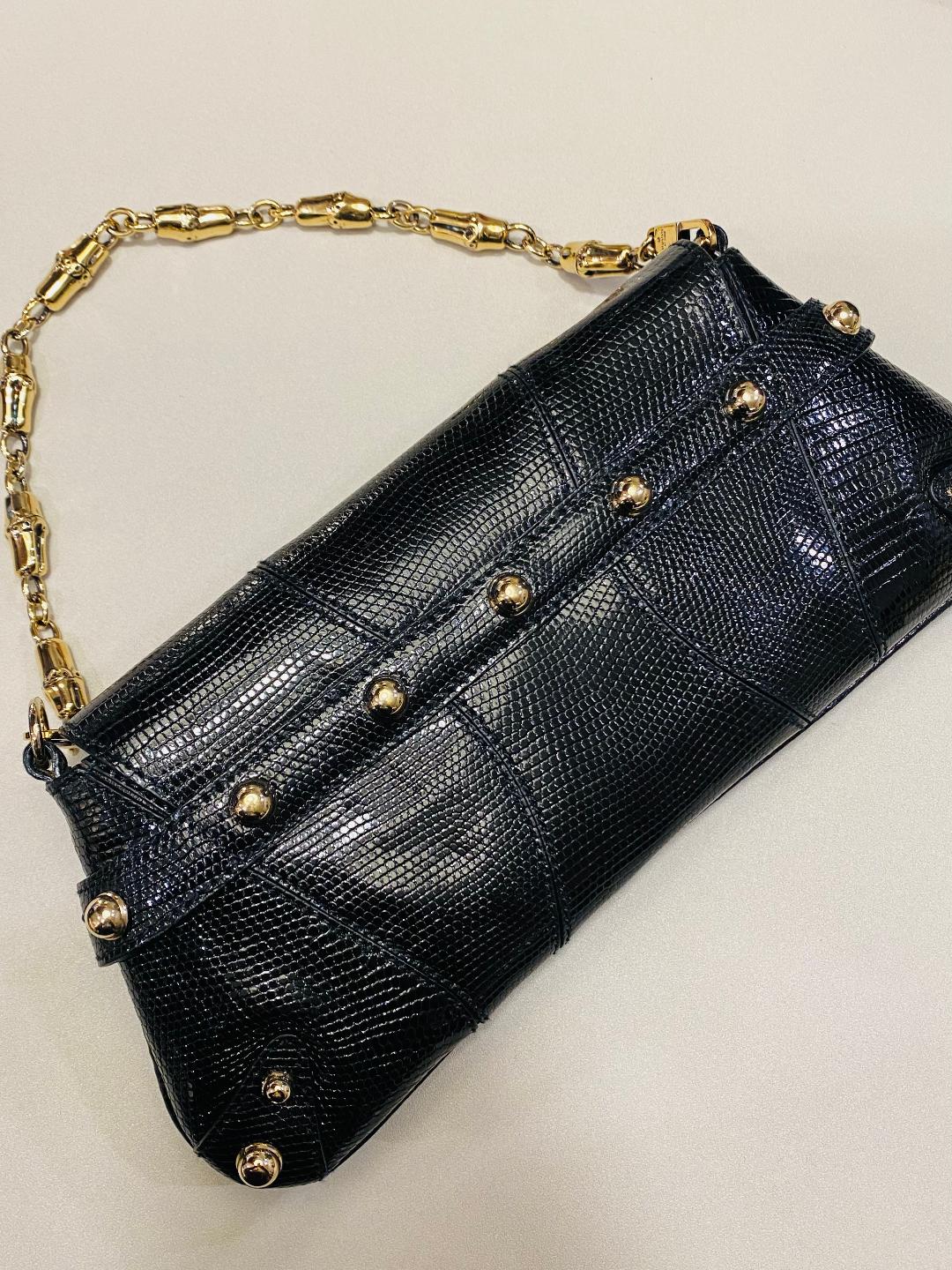 GUCCI HORSEBIT | Exotic Black Lizard Skin with Crystals Clutch Bag