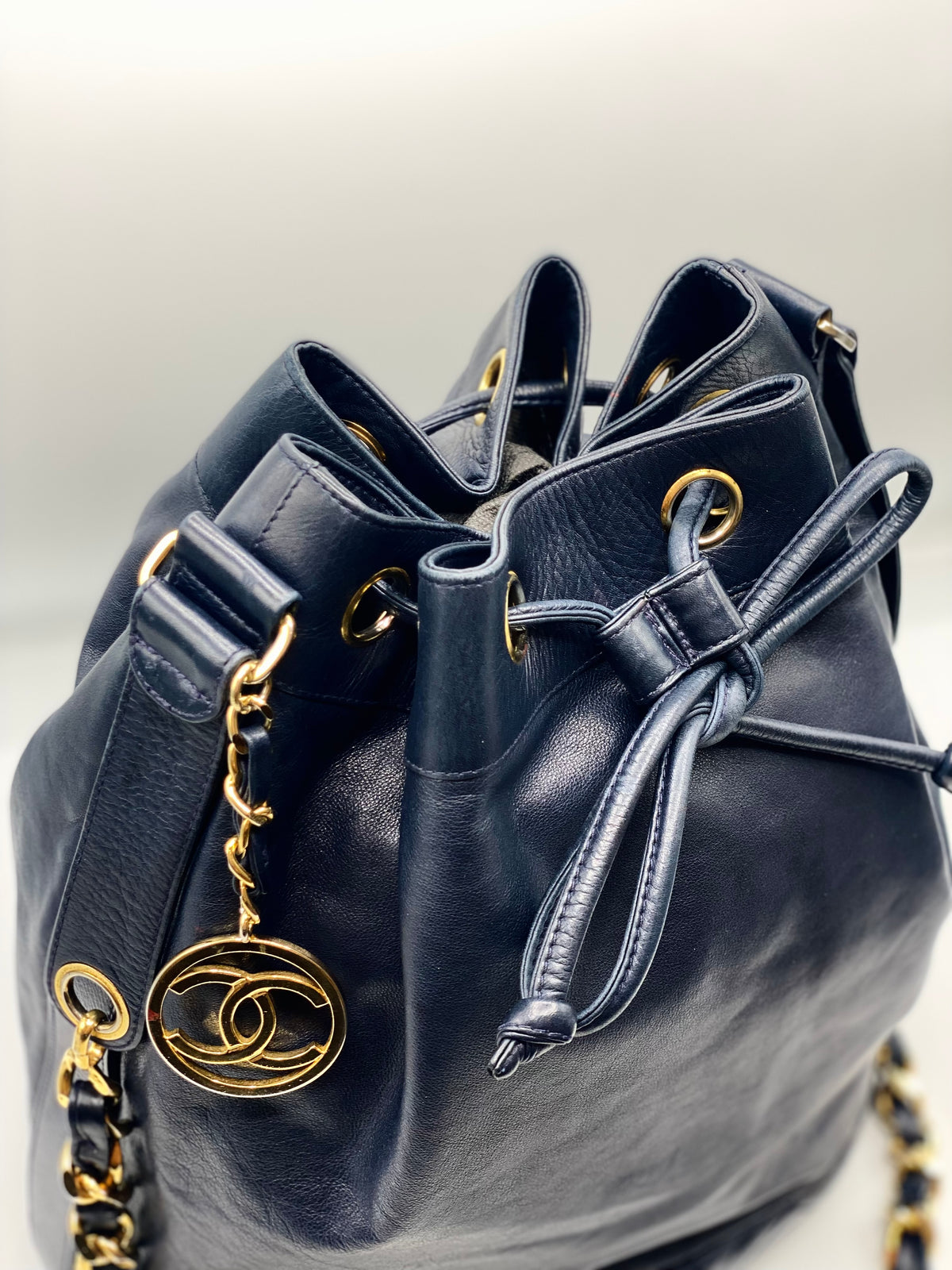 CHANEL | Drawstring Blue Lambskin Bucket Bag