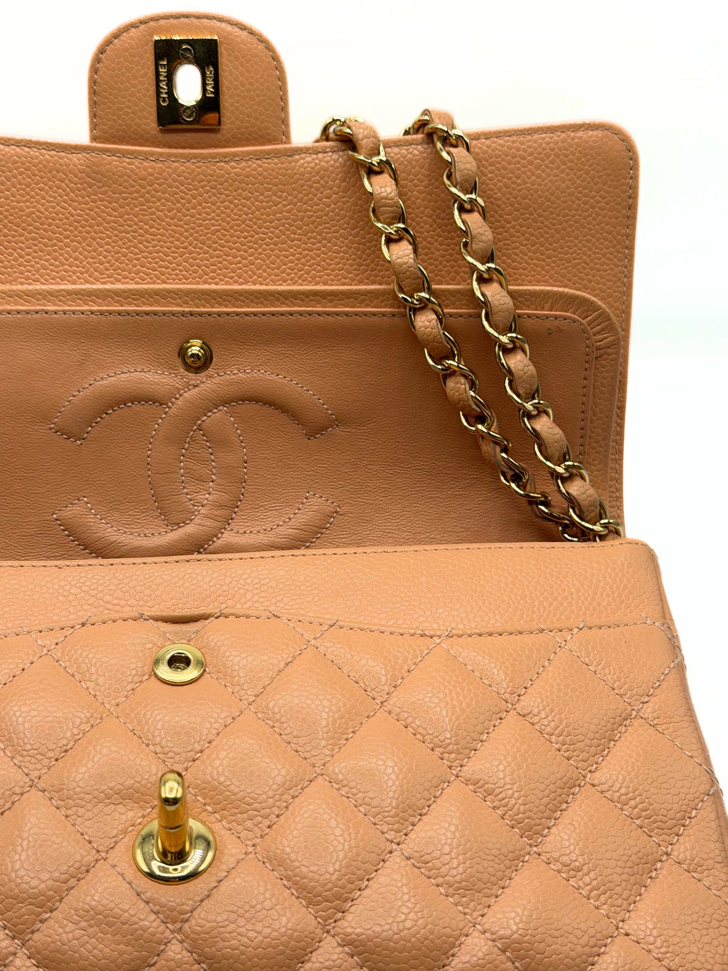 CHANEL | Vintage Classic Medium Double Flap Bag  Peach Caviar Leather