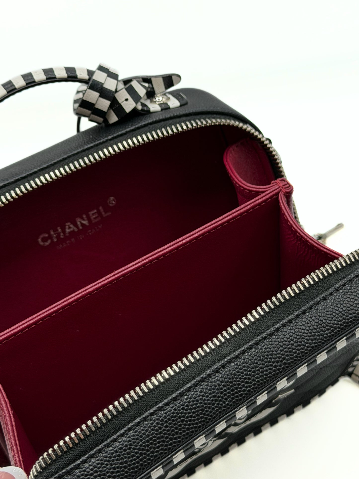 CHANEL | CC Filigree Vanity Case Small Black Quilted Caviar with Black & White Stripes