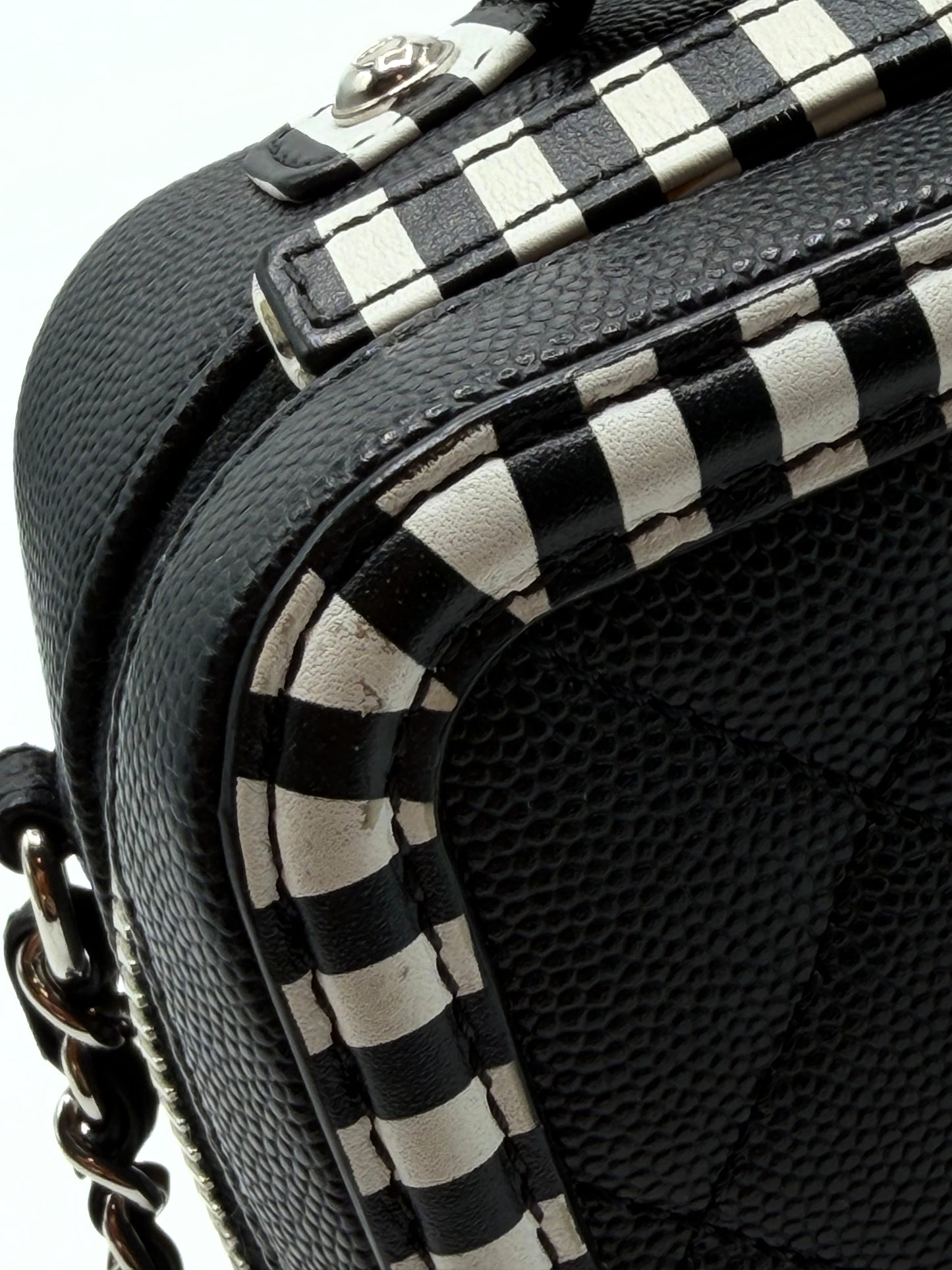 CHANEL | CC Filigree Vanity Case Small Black Quilted Caviar with Black & White Stripes