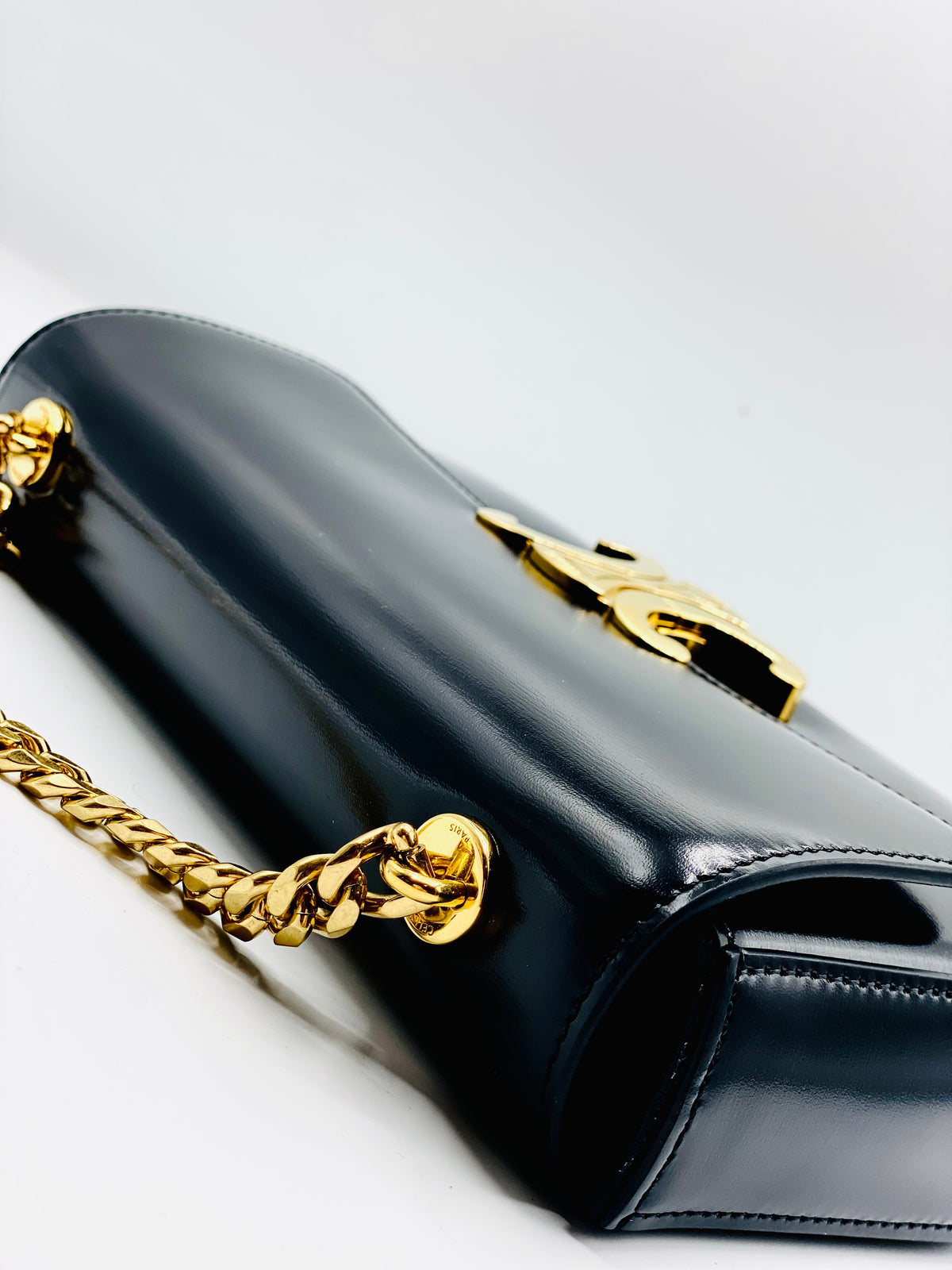 CELINE | CLAUDE Chain Shoulder Bag in  Shiny Black Calfskin Leather