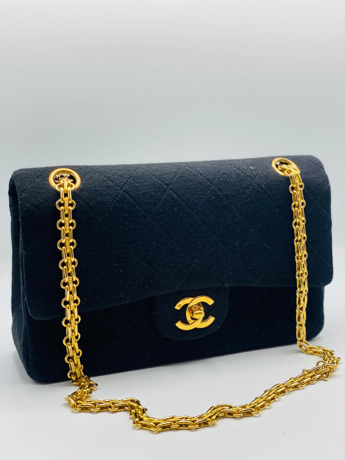 CHANEL |  Timeless Black Quilted Fabric 24k Gold Plated Hardware