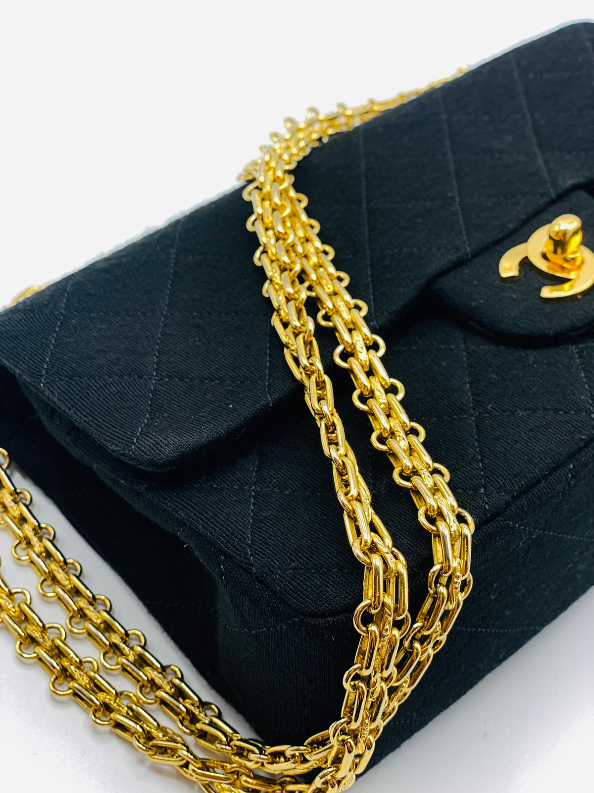 CHANEL |  Timeless Black Quilted Fabric 24k Gold Plated Hardware