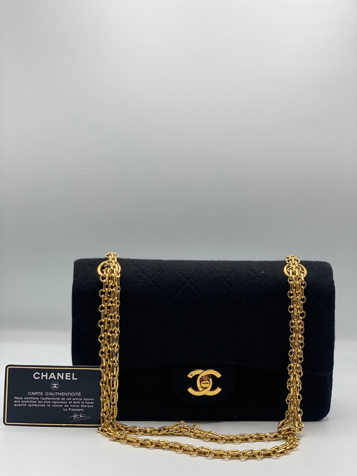 CHANEL |  Timeless Black Quilted Fabric 24k Gold Plated Hardware