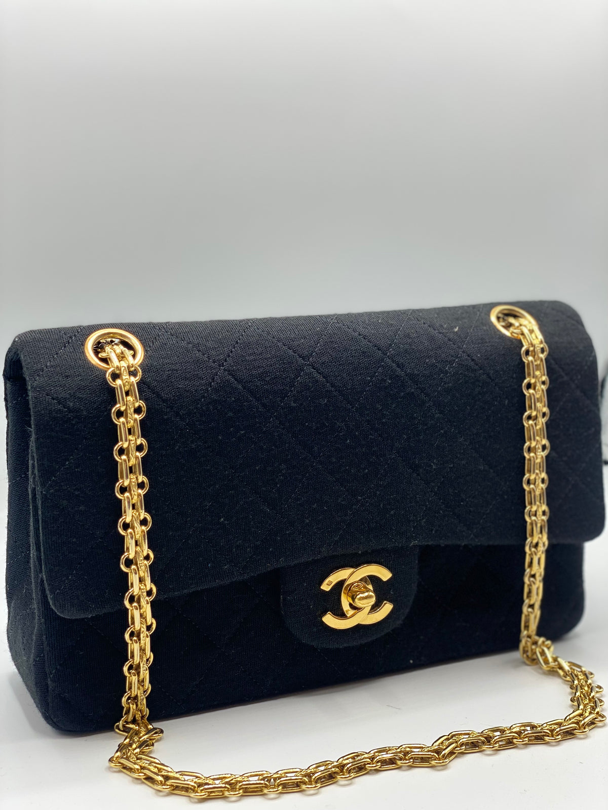 CHANEL |  Timeless Black Quilted Fabric 24k Gold Plated Hardware