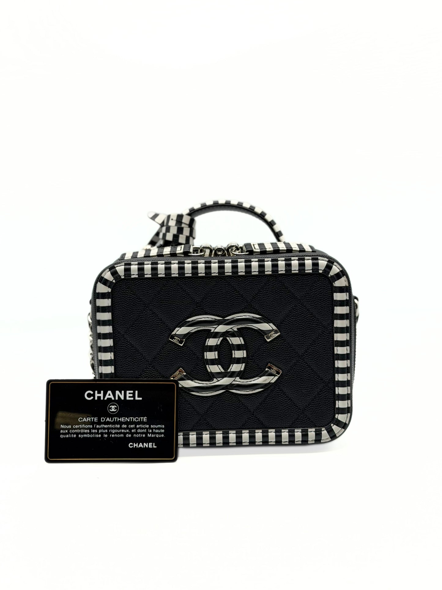 CHANEL | CC Filigree Vanity Case Small Black Quilted Caviar with Black & White Stripes