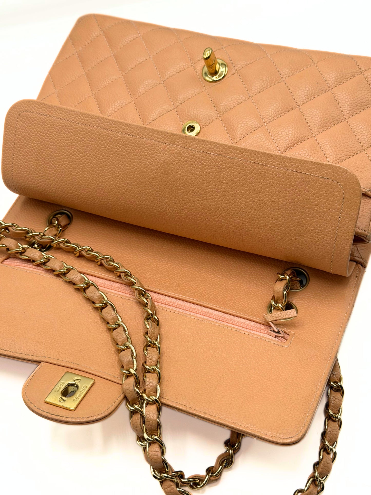CHANEL | Vintage Classic Medium Double Flap Bag  Peach Caviar Leather