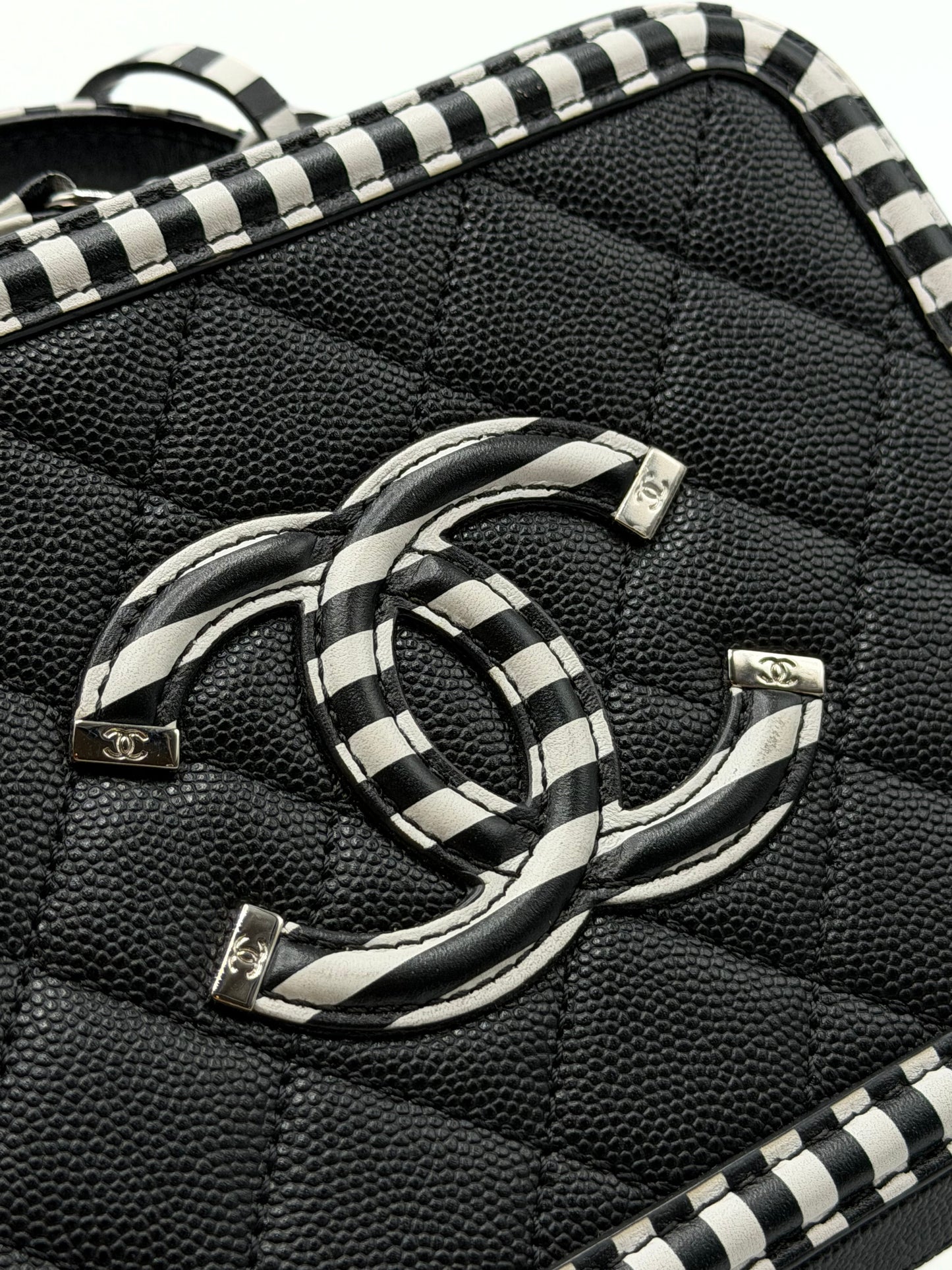 CHANEL | CC Filigree Vanity Case Small Black Quilted Caviar with Black & White Stripes