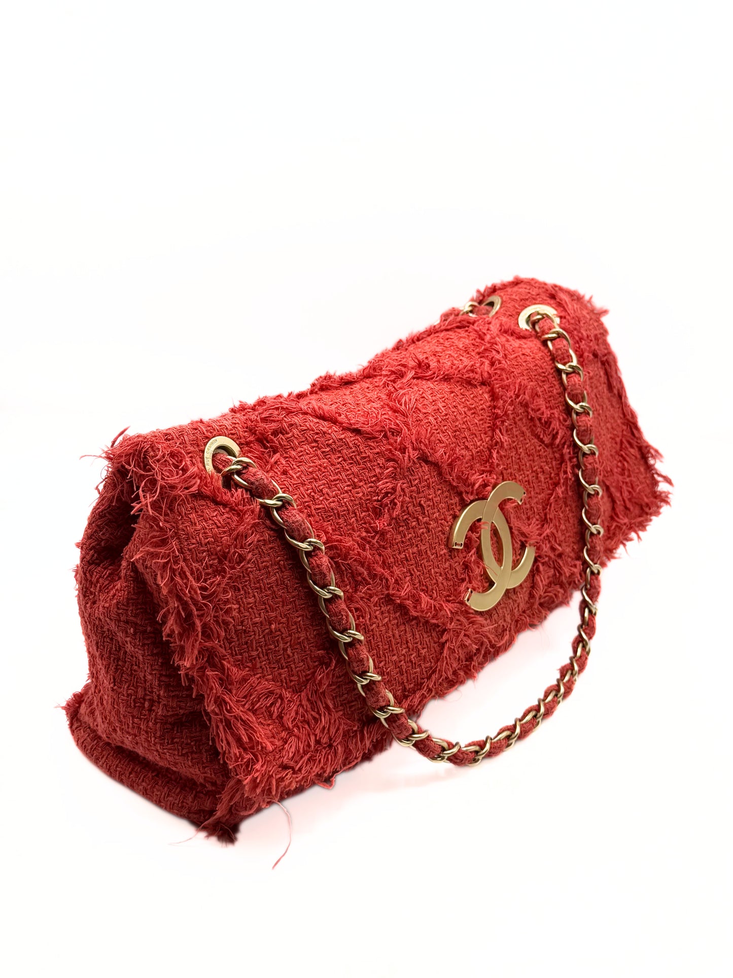 CHANEL | Red Diamond Stitch Tweed Maxi "Nature Flap" Bag
