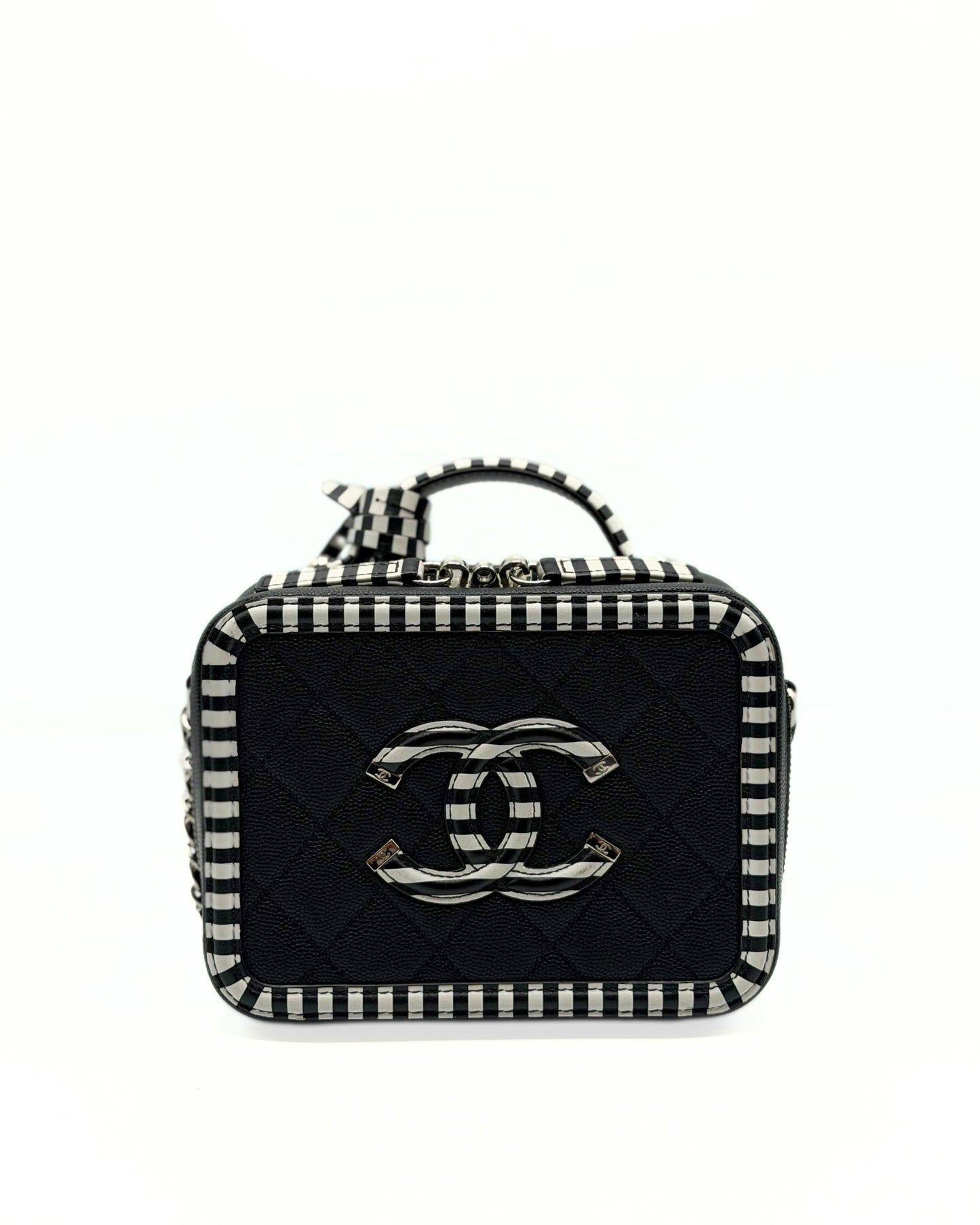 CHANEL | CC Filigree Vanity Case Small Black Quilted Caviar with Black & White Stripes