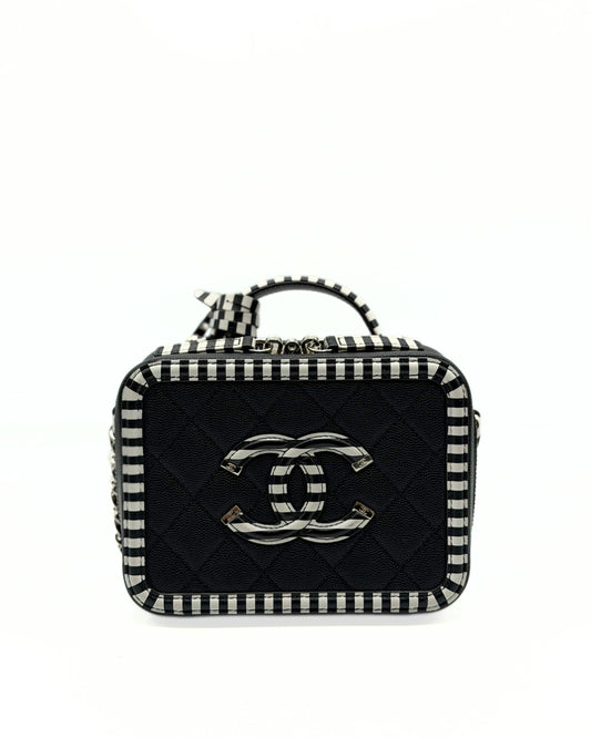 CHANEL | CC Filigree Vanity Case Small Black Quilted Caviar with Black & White Stripes