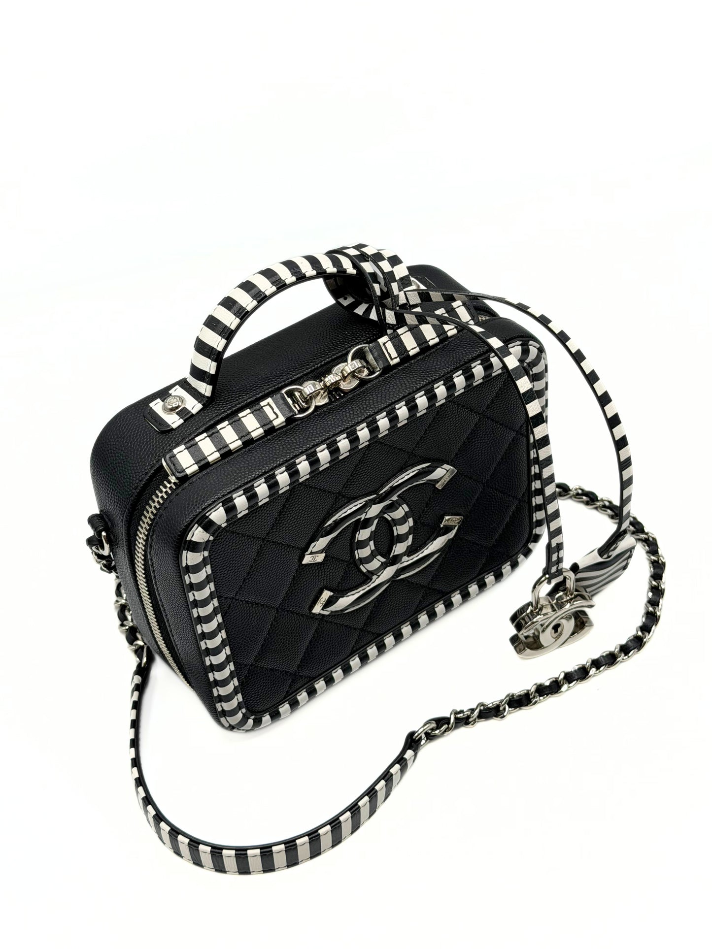 CHANEL | CC Filigree Vanity Case Small Black Quilted Caviar with Black & White Stripes