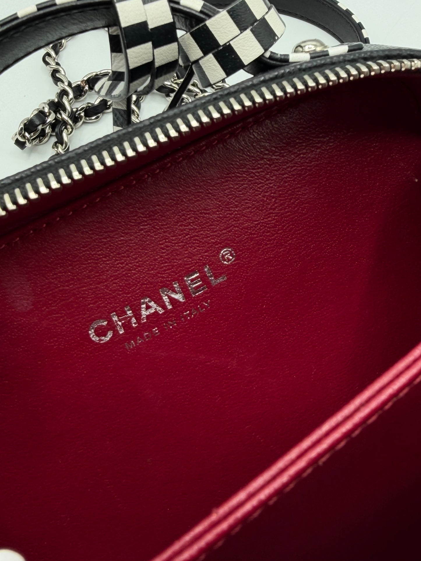 CHANEL | CC Filigree Vanity Case Small Black Quilted Caviar with Black & White Stripes