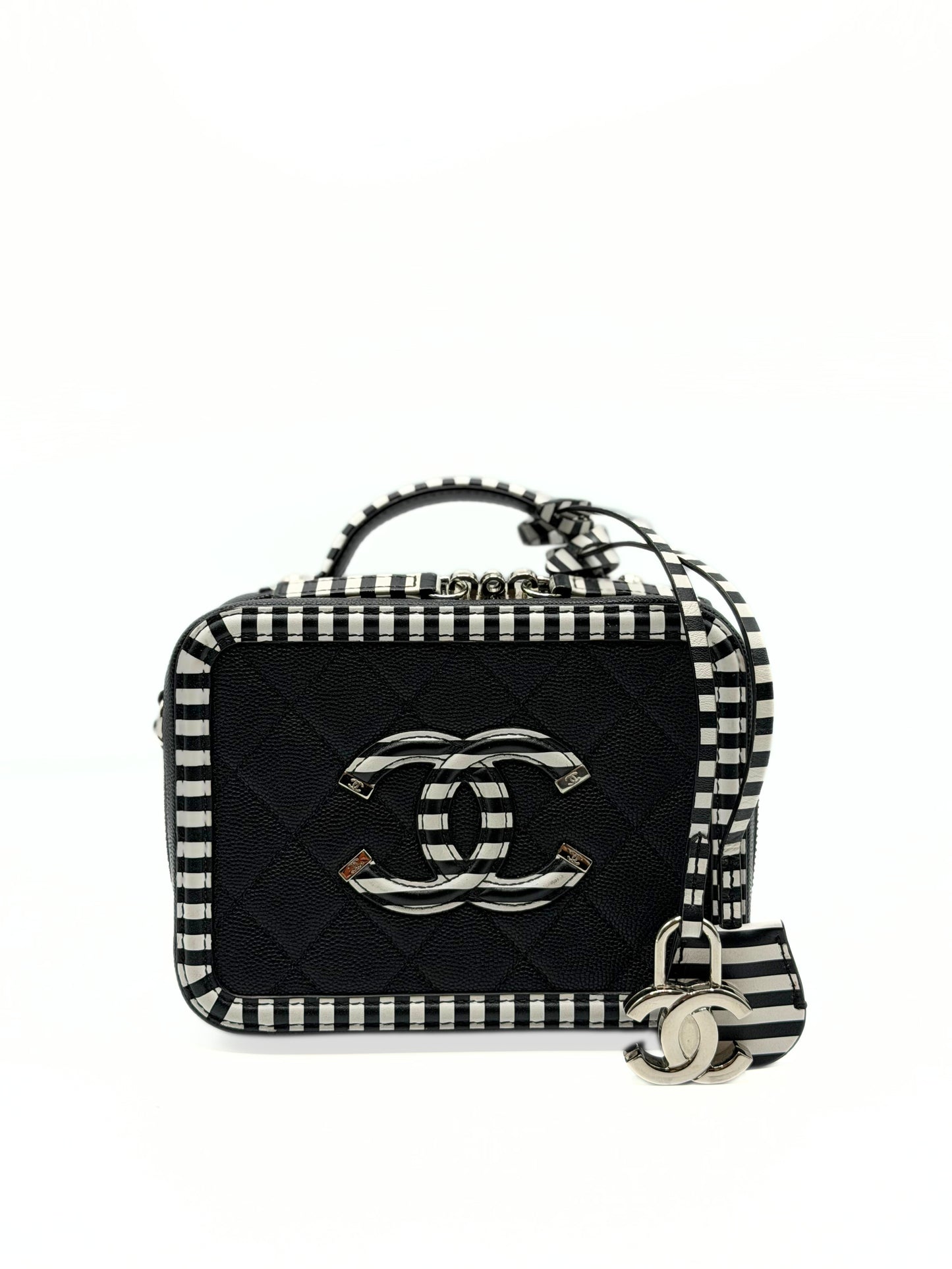 CHANEL | CC Filigree Vanity Case Small Black Quilted Caviar with Black & White Stripes